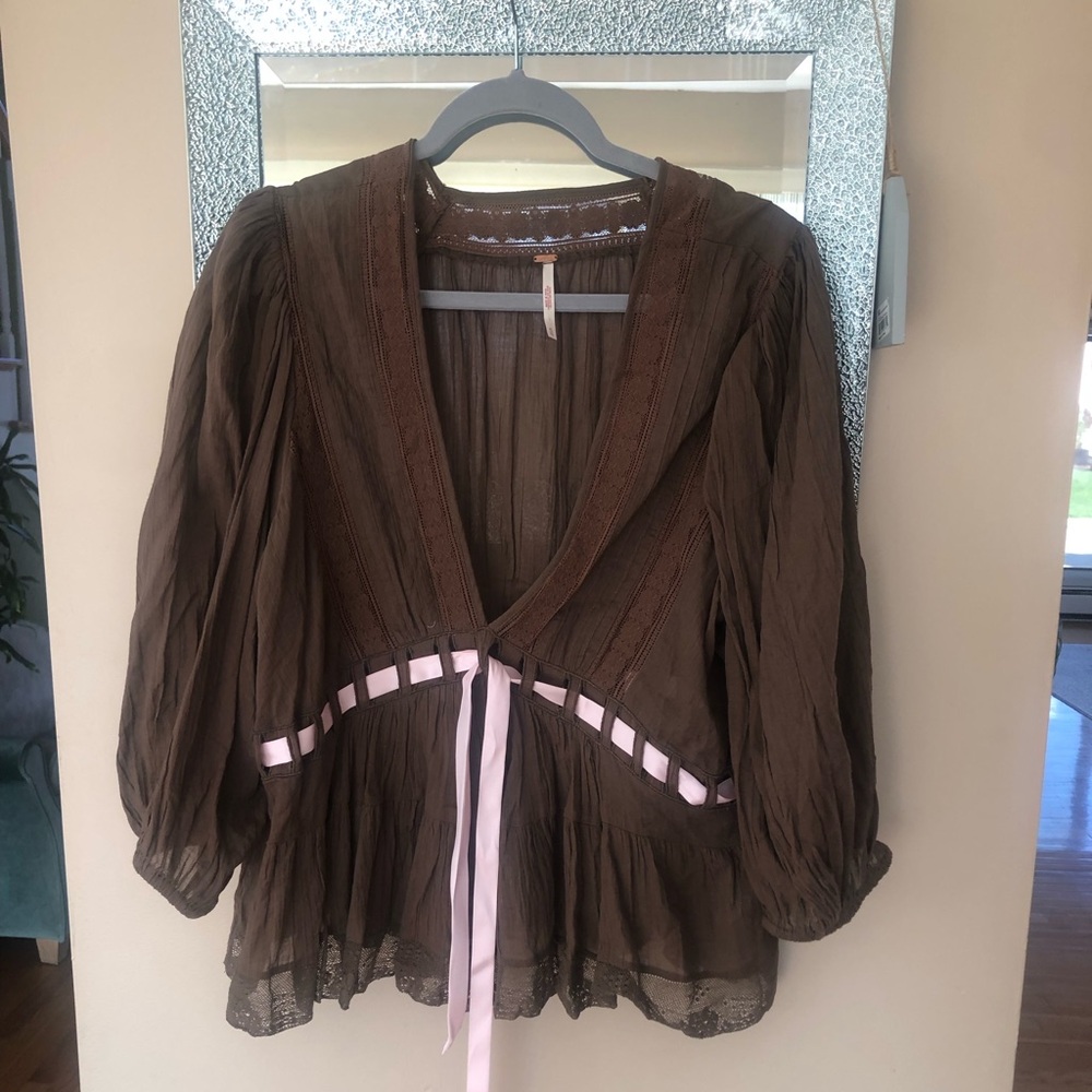 Free People Brown Peasant Blouse with Pink Ribbon Trim